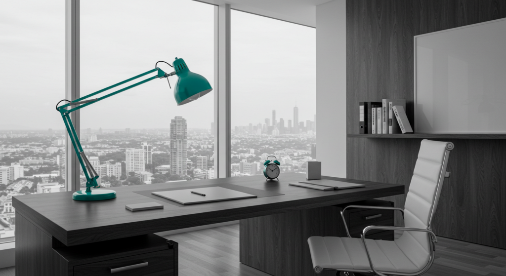 A desk in an office overlooking the city. impostor syndrome at work.