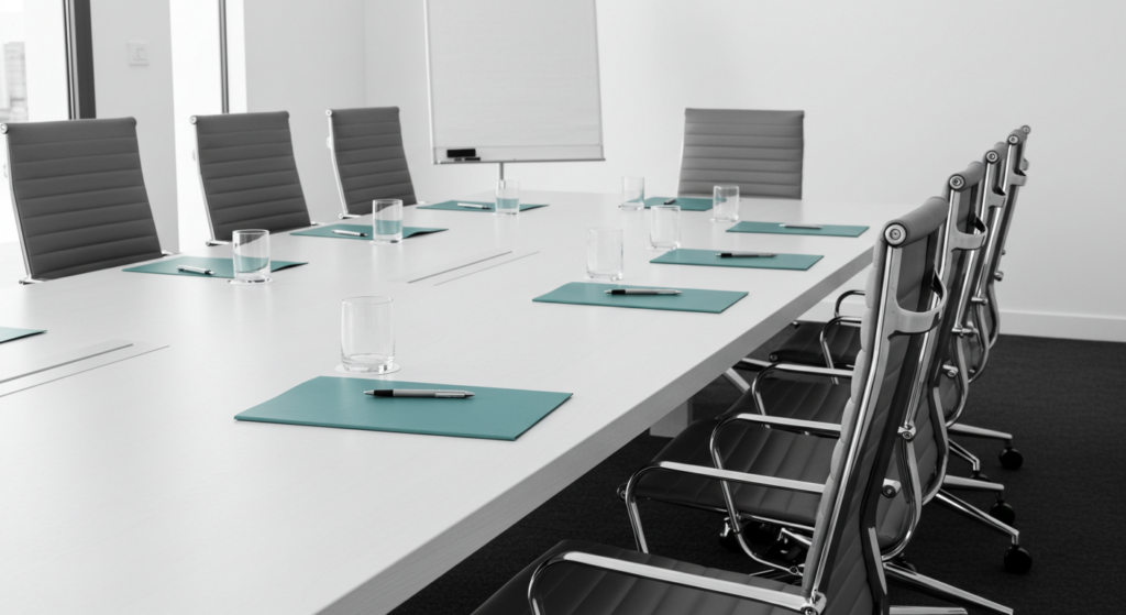 A modern conference room ready for a meeting. how to speak up in meetings