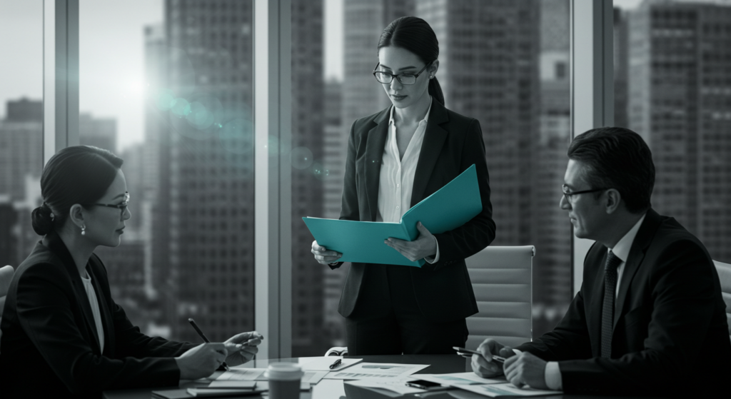 a woman stands in a meeting holding a blue folder. dealing with difficult coworkers