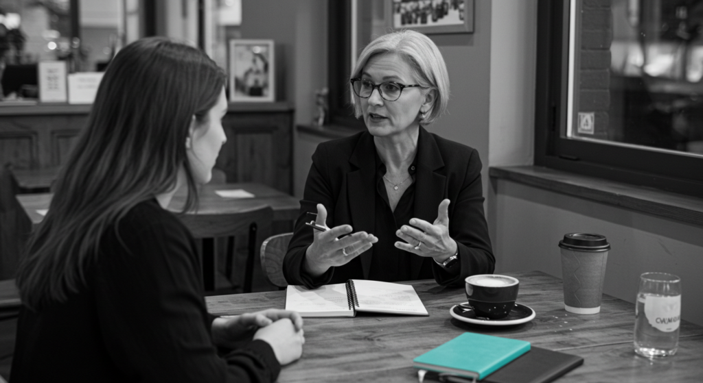 two women sit together over coffee. build a professional network