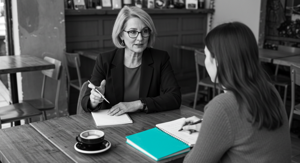 A woman speaks with a coach at a coffee shop. how to advance in your career.