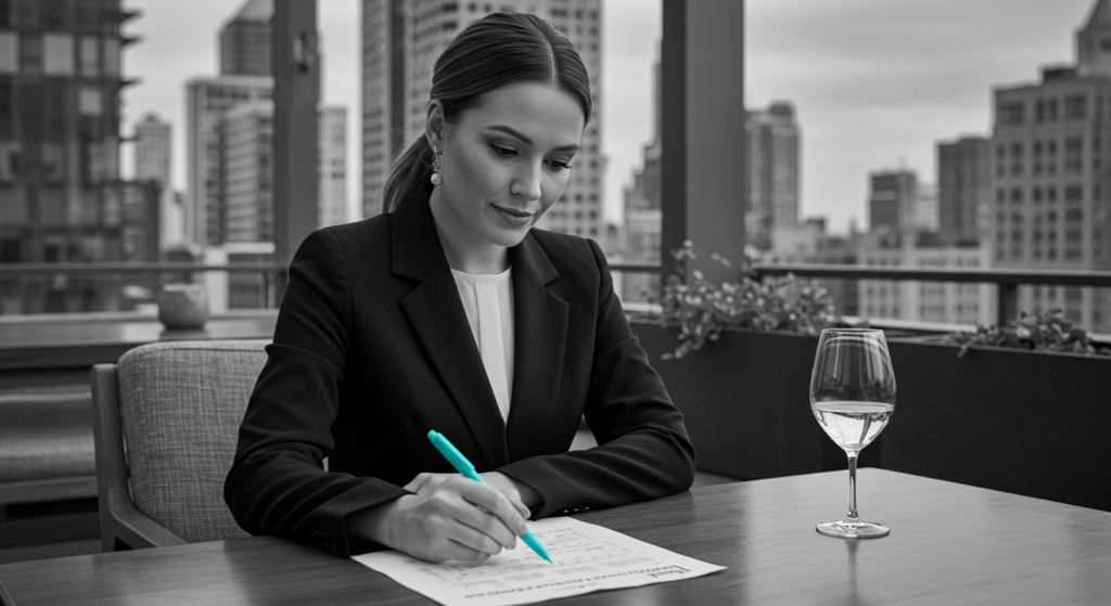 A woman sits at a table on a rooftop deck, taking notes. Career advancement