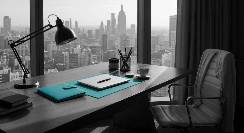 A desk in a corporate office overlooking the city. how to delegate