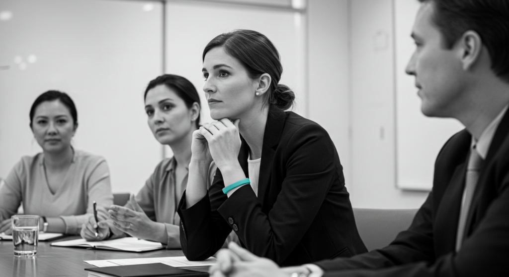 A woman its in a meeting at work. avoid burnout at work