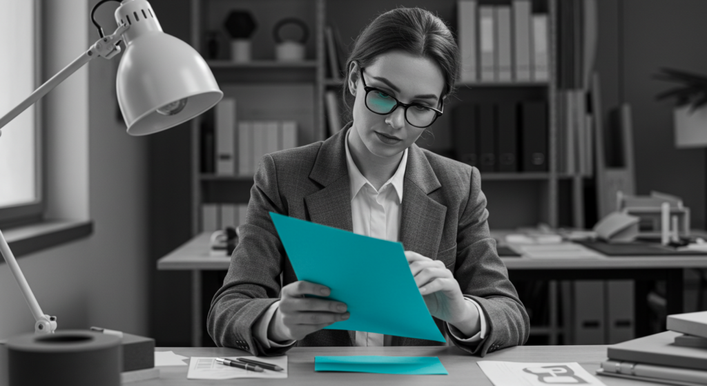 a woman works on a portfolio in her office. decision making at work