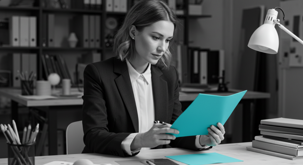A woman works on a review at her desk at work. management track