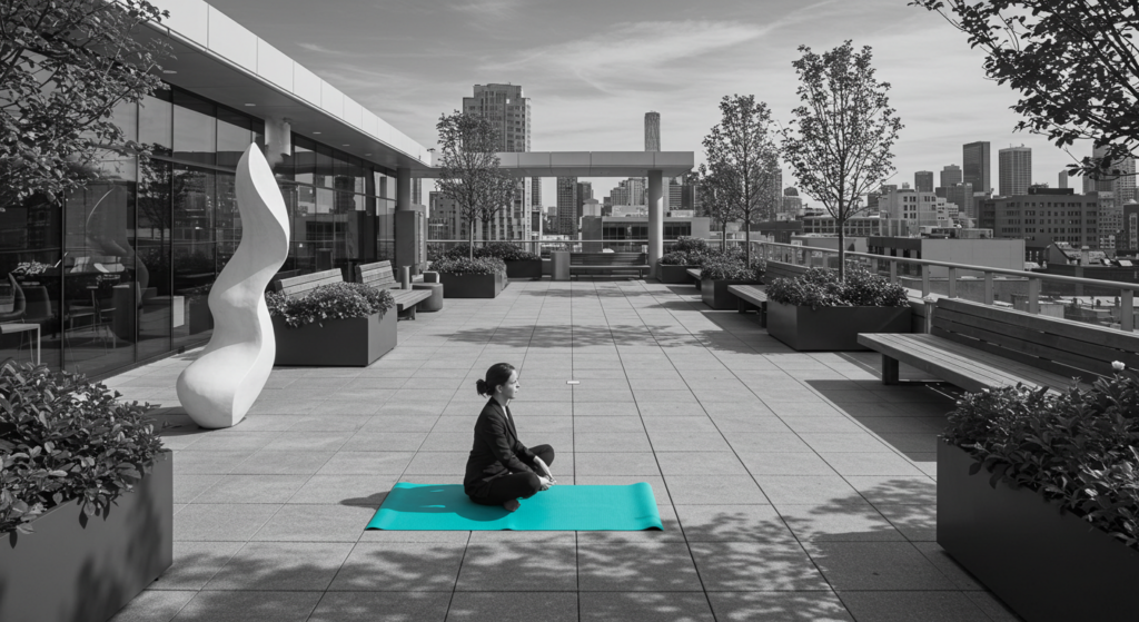 a woman takes a break outside during work. work life balance quotes.