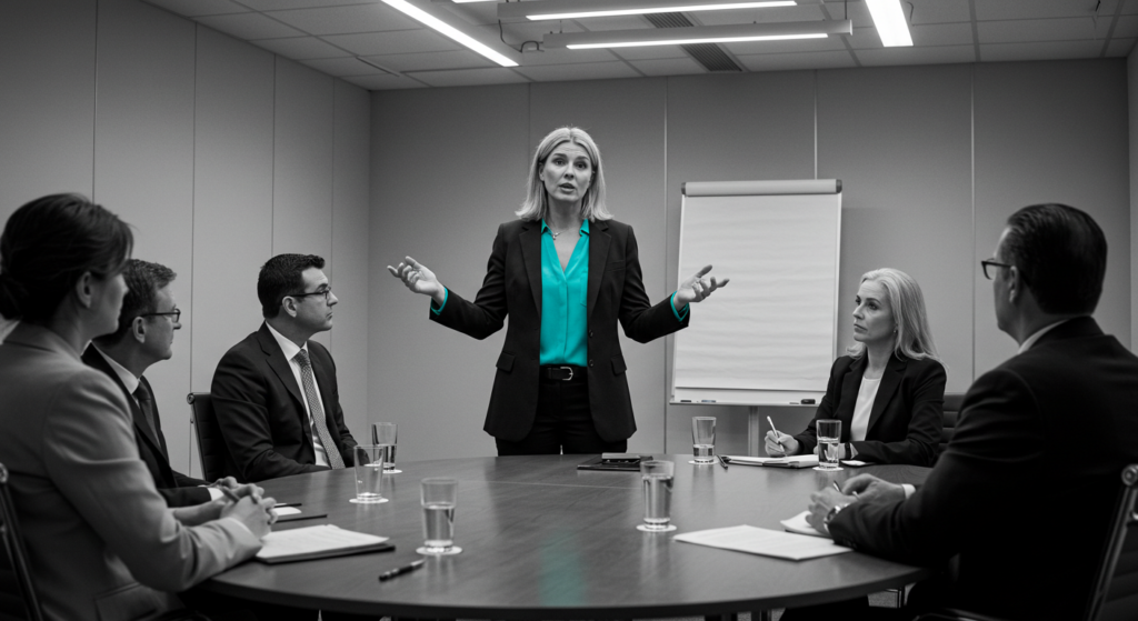 A woman is in a meeting talking to colleagues. conflict resolution at work