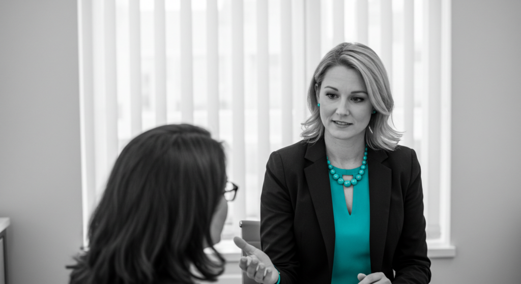 A woman listens intently to her coworker. What makes a good leader