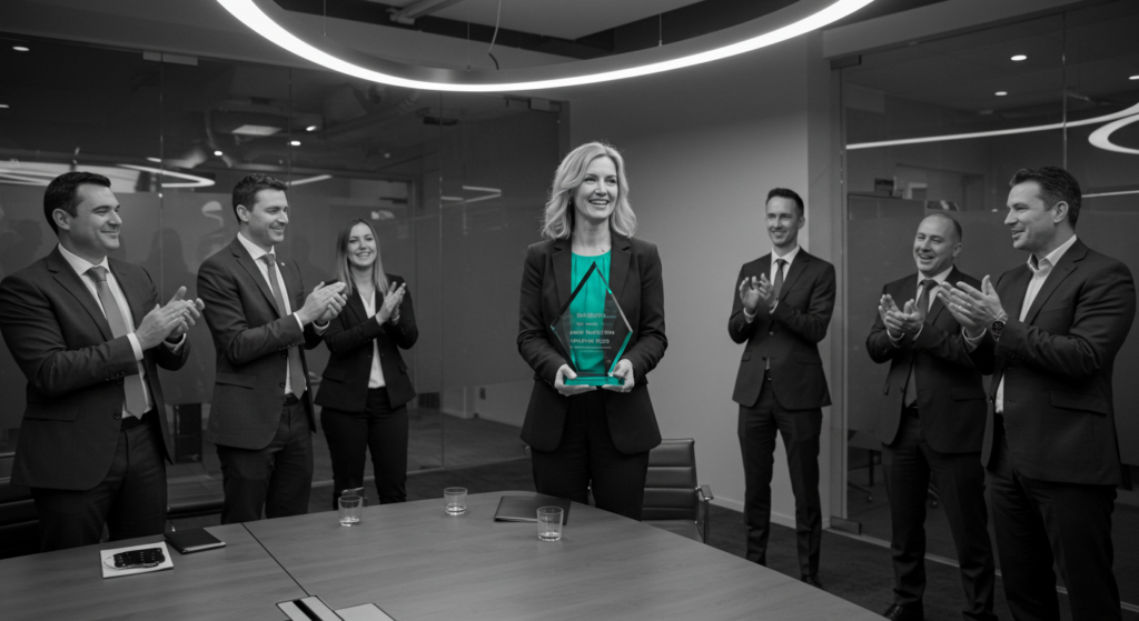 A woman is applauded in a conference room while she holds an award. taking initiative at work