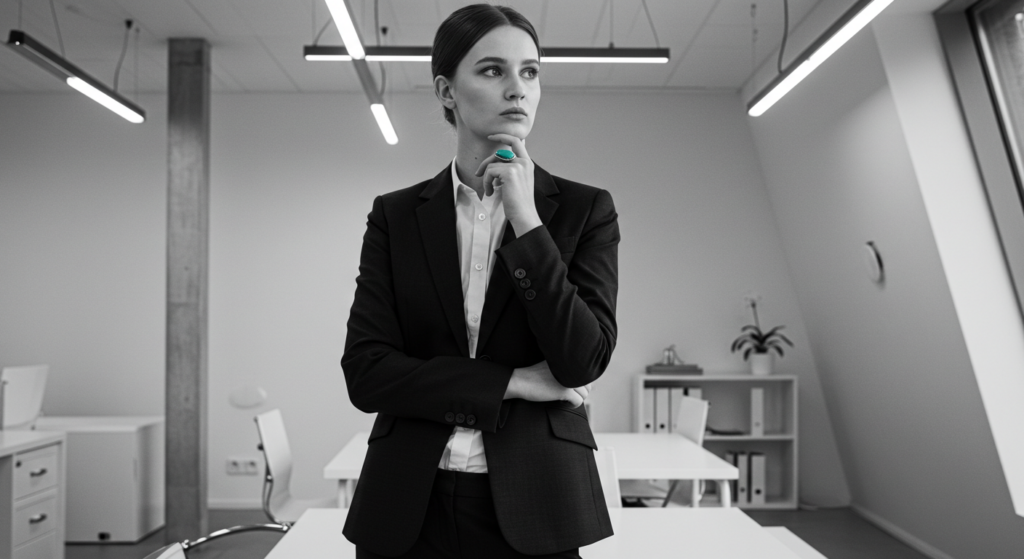 A woman stands in her office thinking about home. Work life balance definition