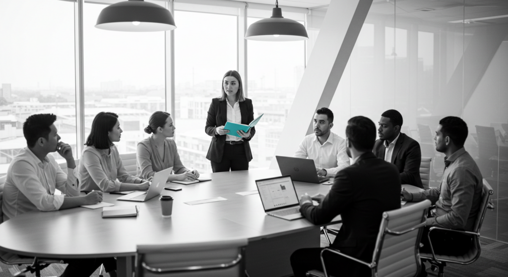 A woman leads a meeting. ways leaders can help their teams