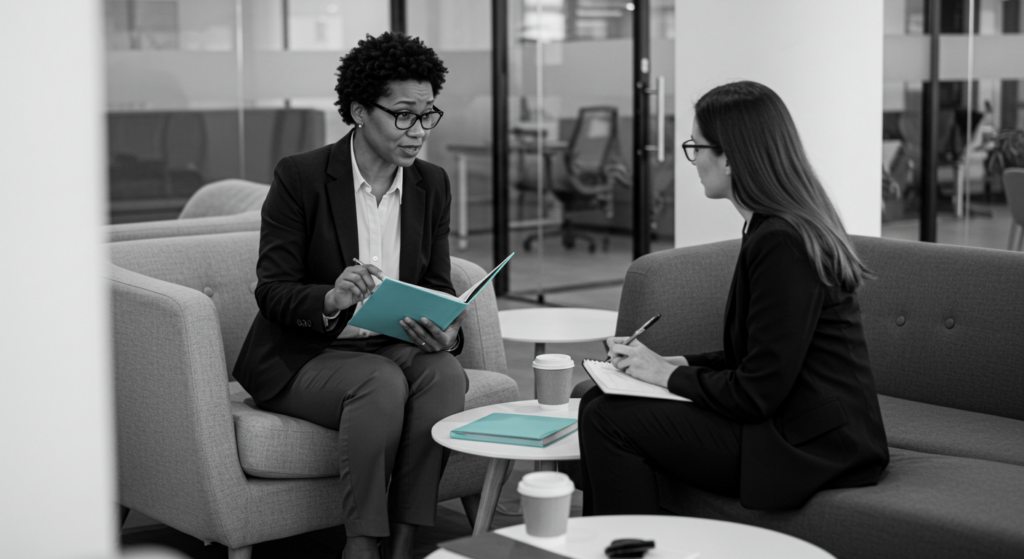 a woman sits in a meeting with her mentor. how to find a mentor
