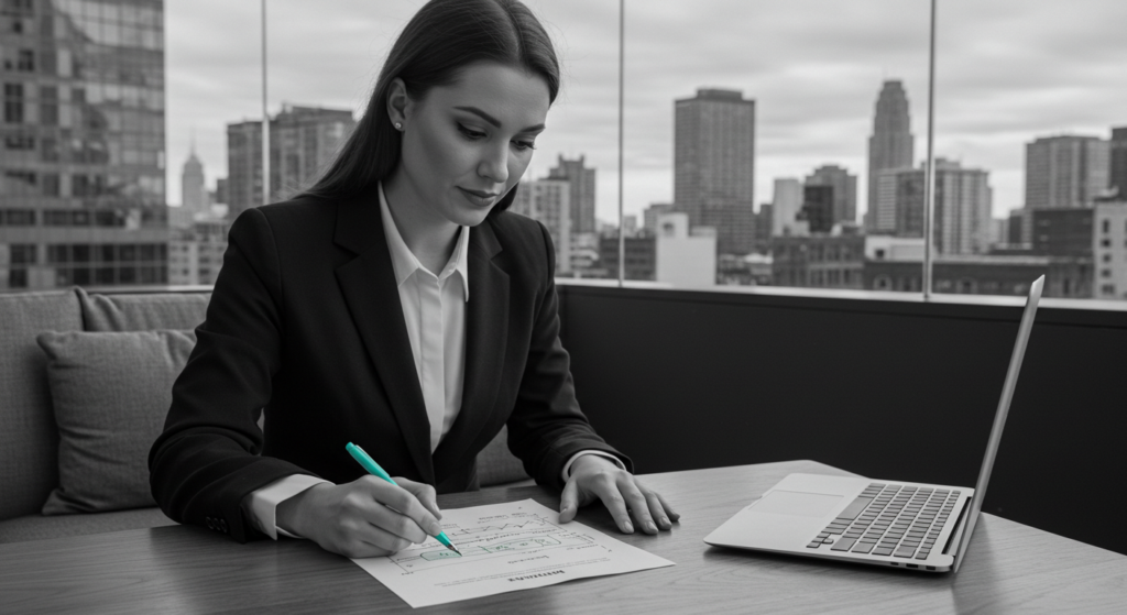 A woman working at a desk with a beautiful view of the city. work life balance and productivity.