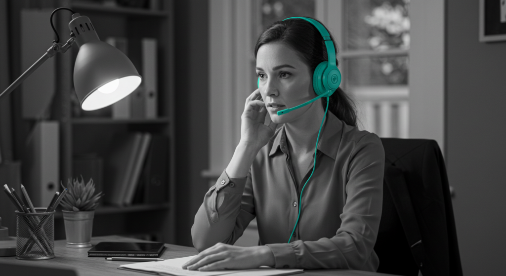 A woman works from home in her home office. work life balance and time management