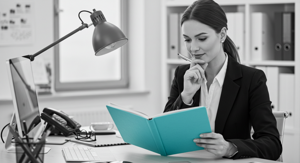 A woman sits at her desk planning vacation time in her notebook. work life balance policies