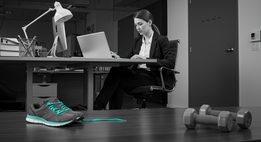 A woman finishes work. Her sneakers and weights are nearby for after work workout. work life balance strategies