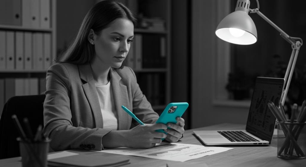 A woman sits at her desk at work. She suffers from career anxiety.