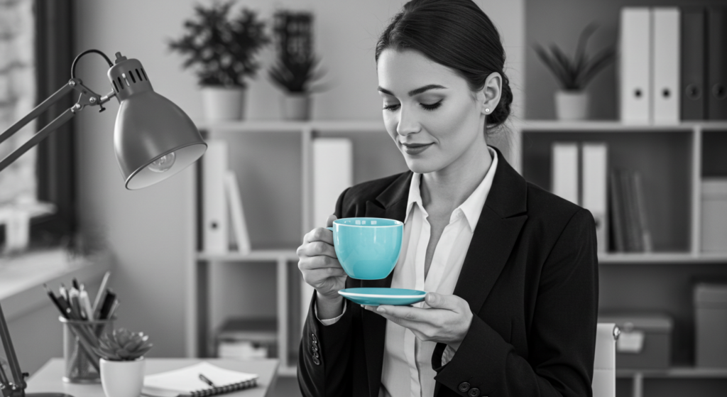 a woman drinks a cup of tea at her desk at work. work life balance and self care