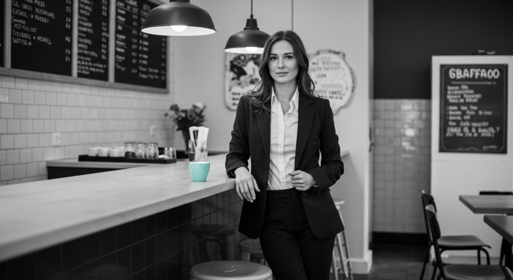 A woman stands confidently at a coffee bar. Building confidence at work