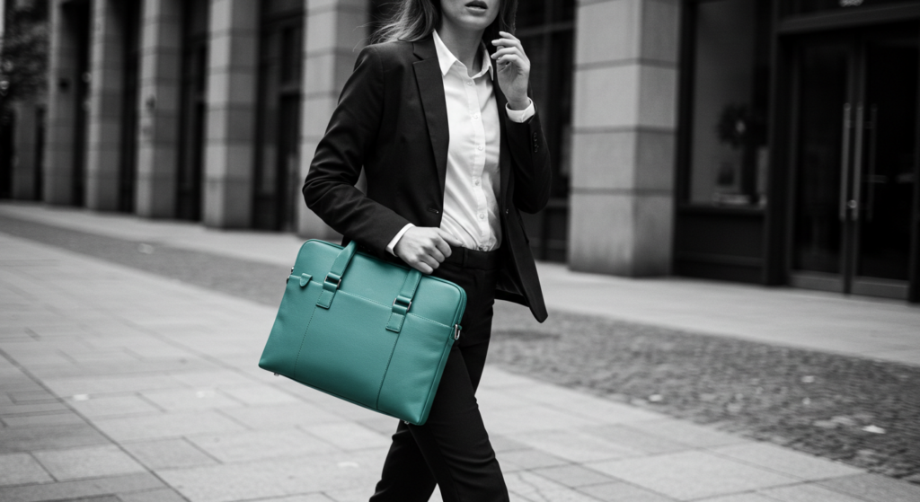 A woman walks on the street wearing a business suit carrying a laptop bag. presentation skills