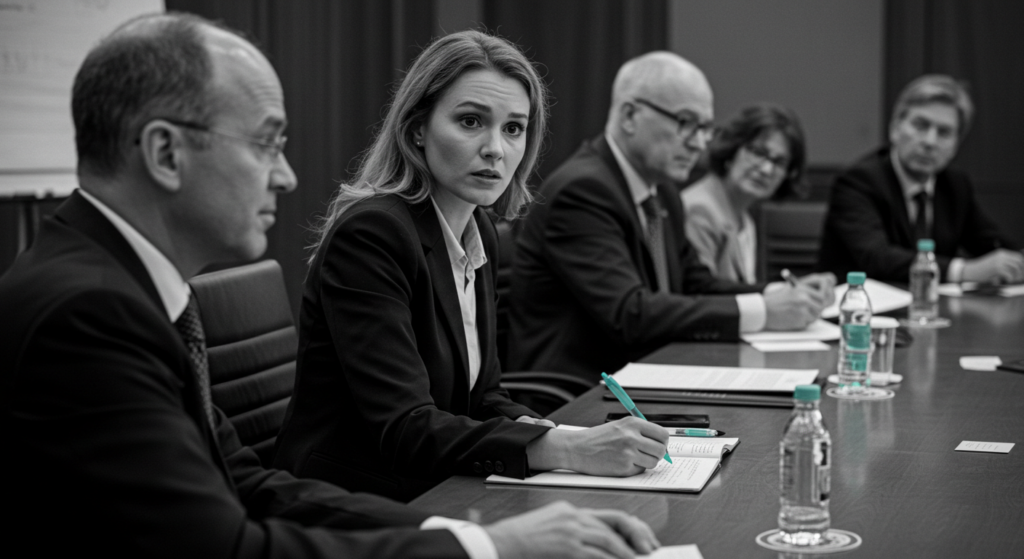 A woman sits at an executive conference table. She looks nervous. how to stand out at work.