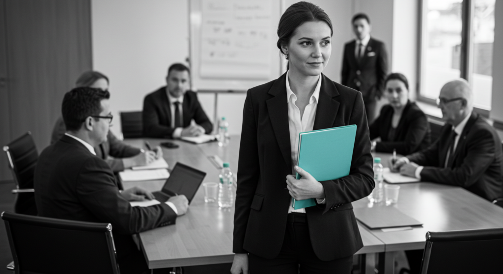 A woman stands at the head of a conference table at work. SHe has a growth mindset at work.