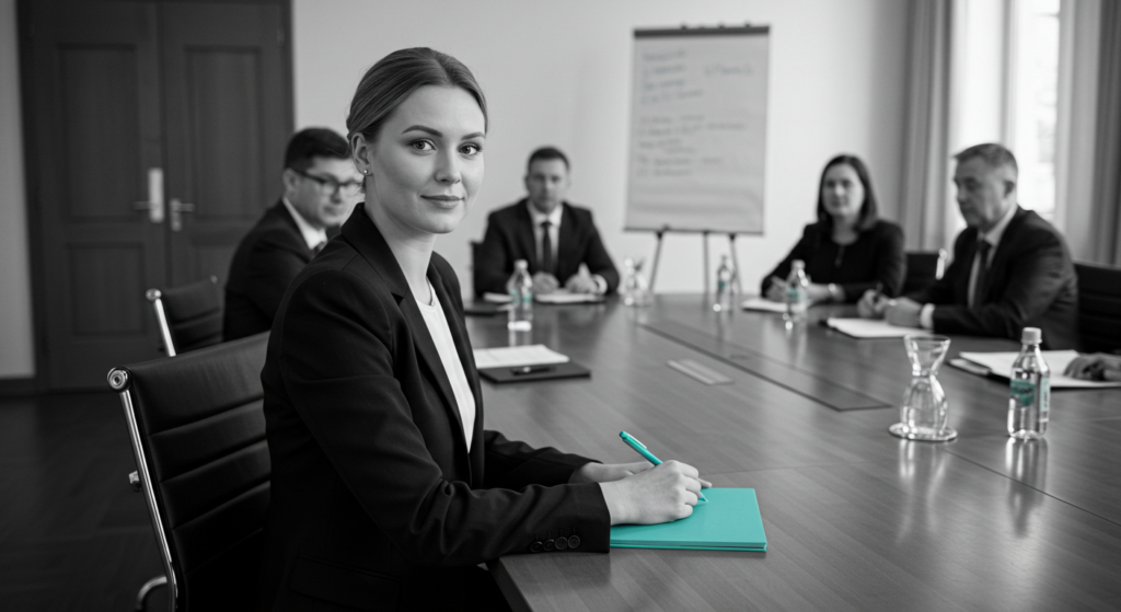 A woman sits at a table in a conference room. Handling criticism at work