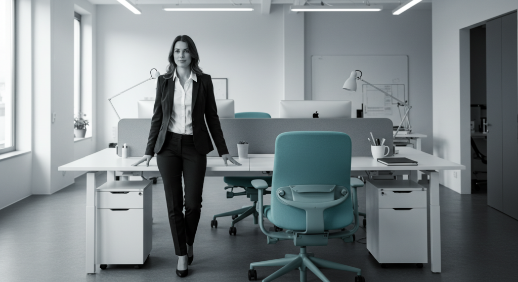 A woman stands at her desk in a confident manner. She has executive presence