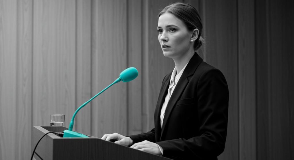 A woman stands at a podium at work. She is nervous about public speaking at work