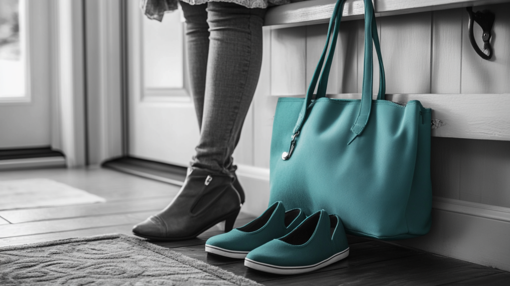 A woman sets down her bag and switches her shoes. work-life balance myth