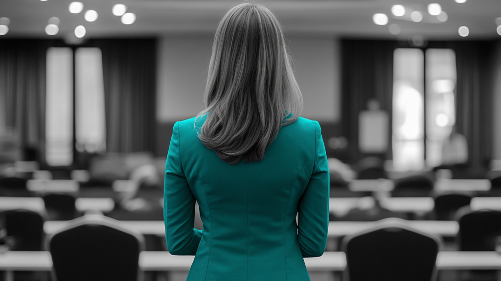 a woman contemplates her presentation before the crowd enters the conference room. improving confidence at work