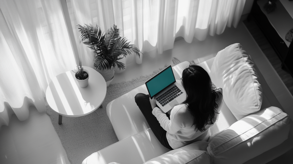 A woman sits on a couch with her laptop. career development tips