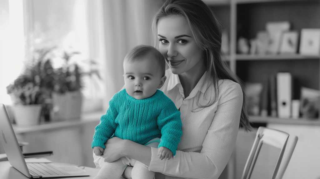 a mom holds her baby at her home office desk. motherhood and leadership