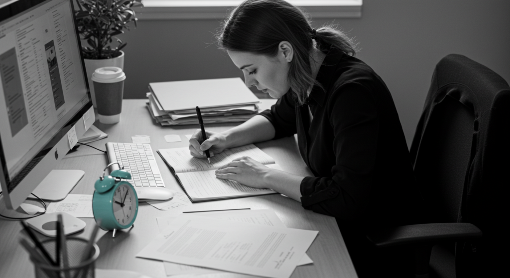 A woman does paperwork in her ofiice. what are my strengths at work
