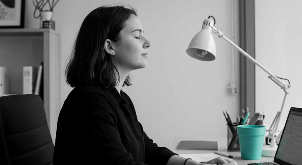 A woman sits at her desk with her eyes closed. how to concentrate at work.