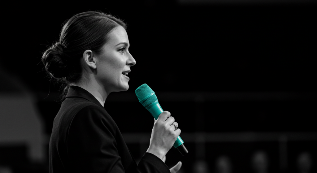 A woman speaks into a microphone at a conference. career confidence coaching.
