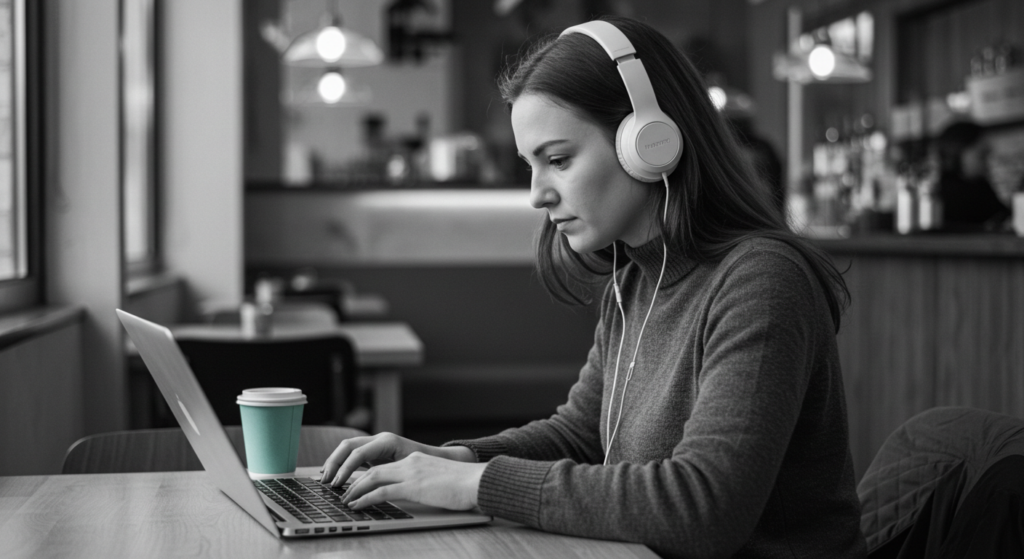 A woman works on her laptop with headphones. She knows flow state hacks.