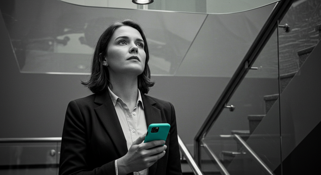 A woman walks down the stairs at work holding her phone. signs of a bad manager.