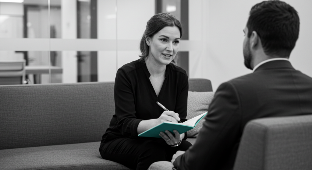 a woman gives her worker feedback in an office setting. how to ask for feedback.