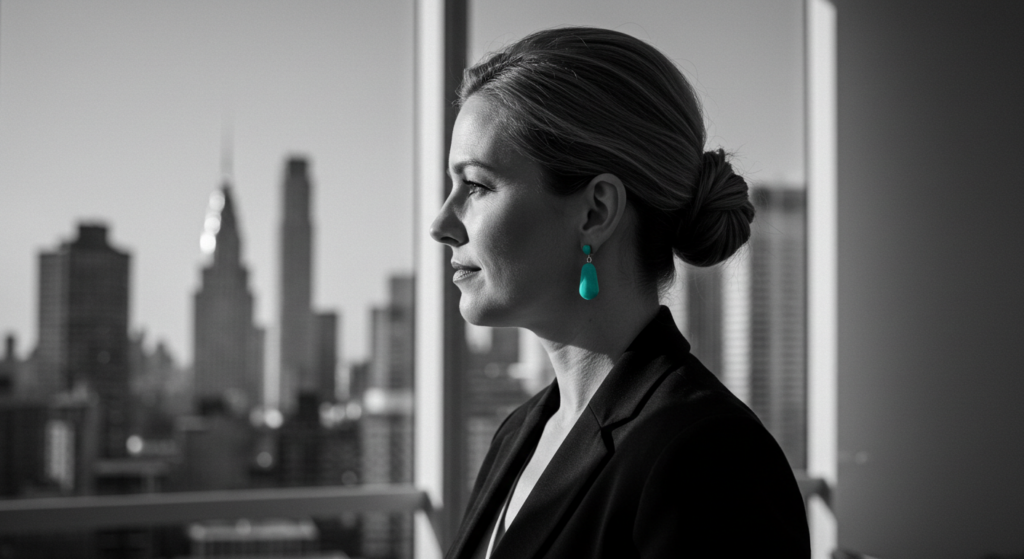 a woman looks out the window in her office. leadership identity.