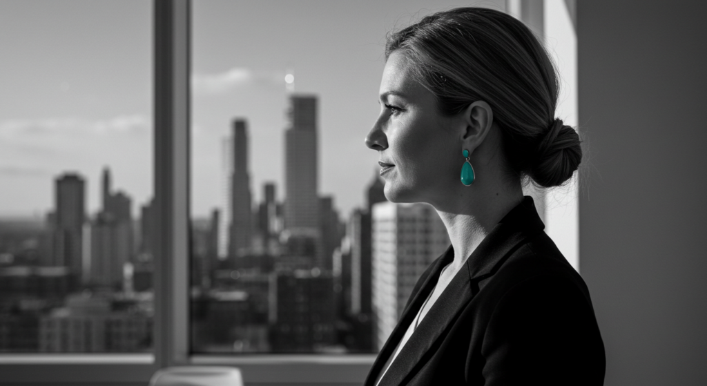 a woman looks out the window of her office. confident energy