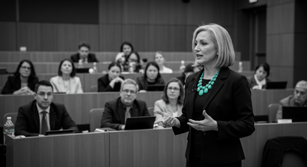 a woman speaks confidently in front of a group of peers. career confidence building