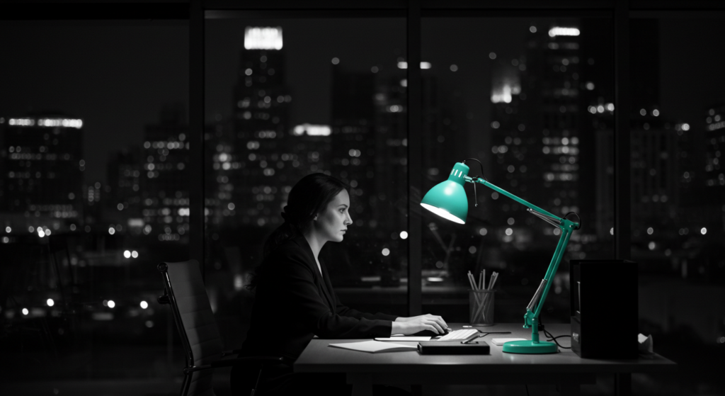 a woman works at her office desk at night. career success mindset