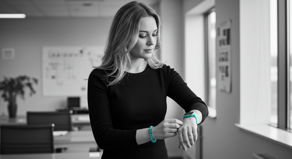 a woman checks her smart watch at work. work-life balance tips