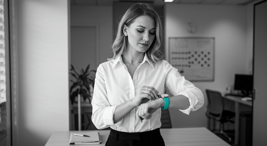 A woman checks her watch at work. how to leave work at work