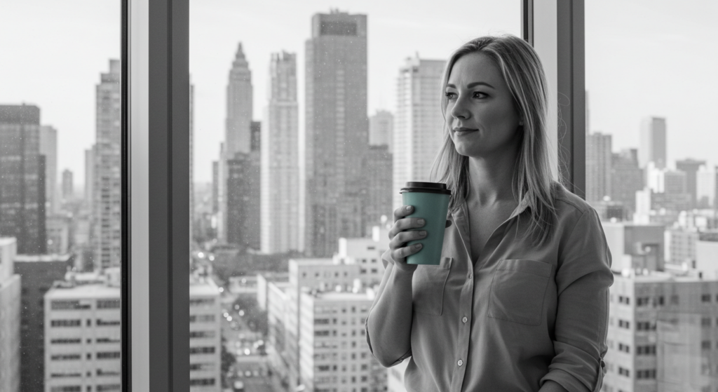 A woman stands at the window of her office looking confident. self awareness and confidence.