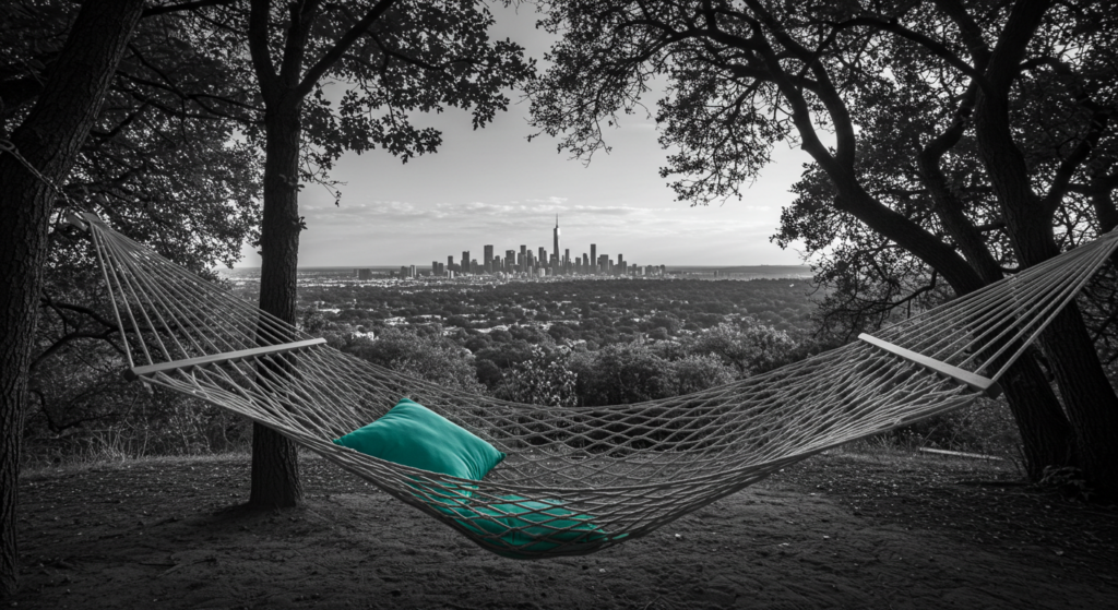 A relaxing hammock overlooks the city. transition from work to home.