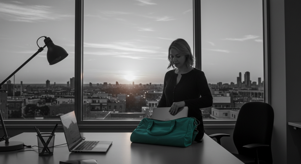 A woman packs up her bag from work. benefits of work-life balance