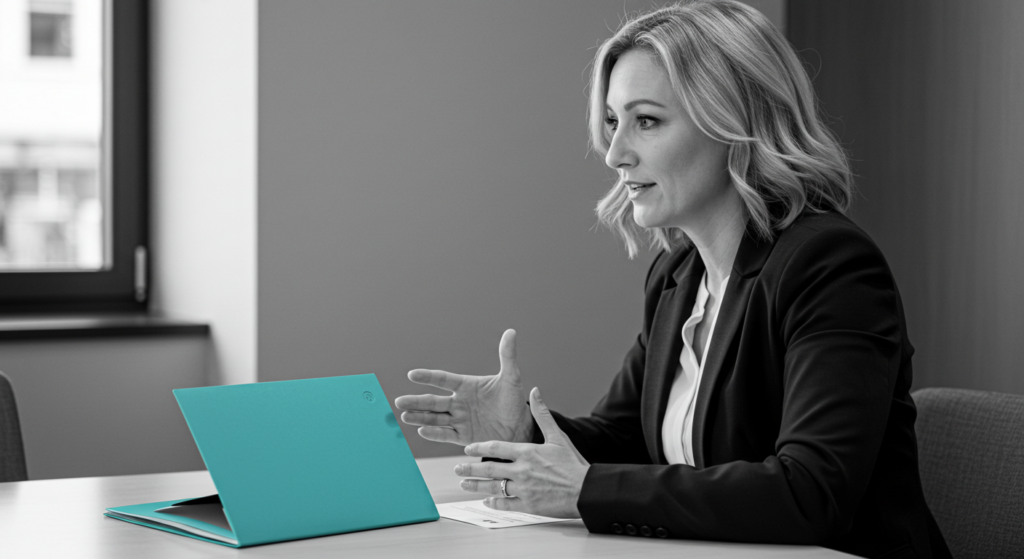 A woman speaks in a meeting. ways to demonstrate leadership at work.